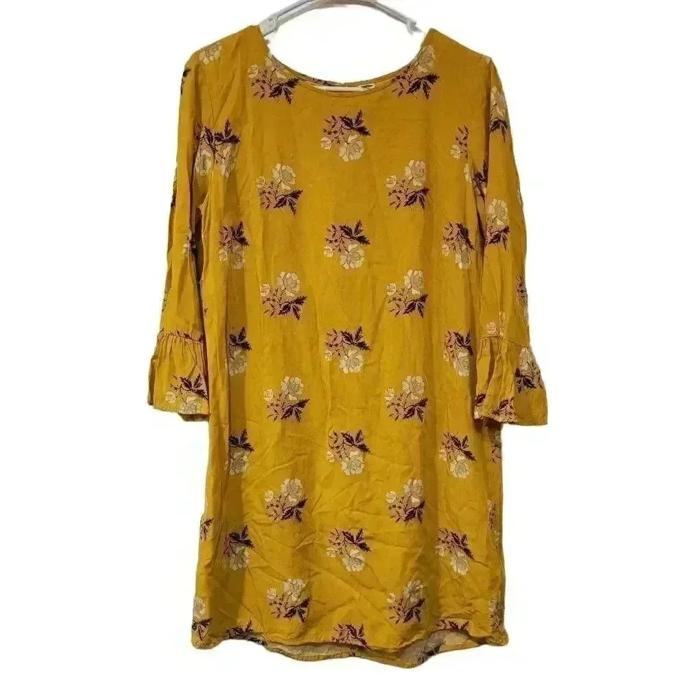 Old Navy Women's Mustard Yellow Floral Casual Dress w Ruffle Sleeves EUC sz S